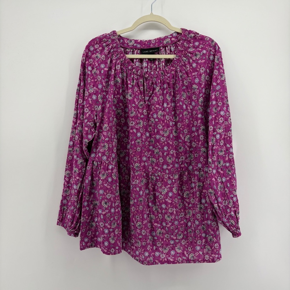 Lane Bryant Womens 18/20 Purple Floral Blouse Peplum Long Sleeve Cotton Top